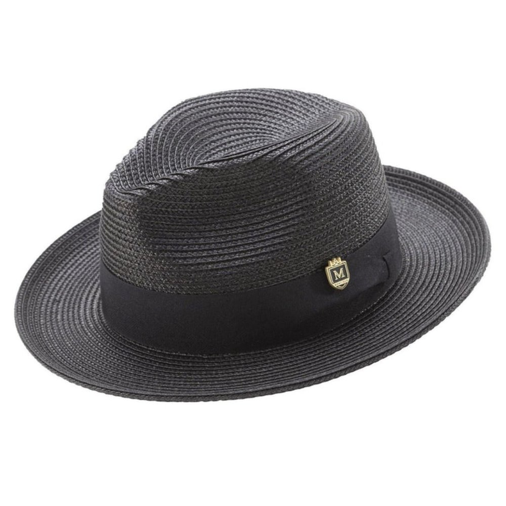 MONTIQUE Black Braided  Wide Brim Pinch Fedora Matching Grosgrain Ribbon  H-42